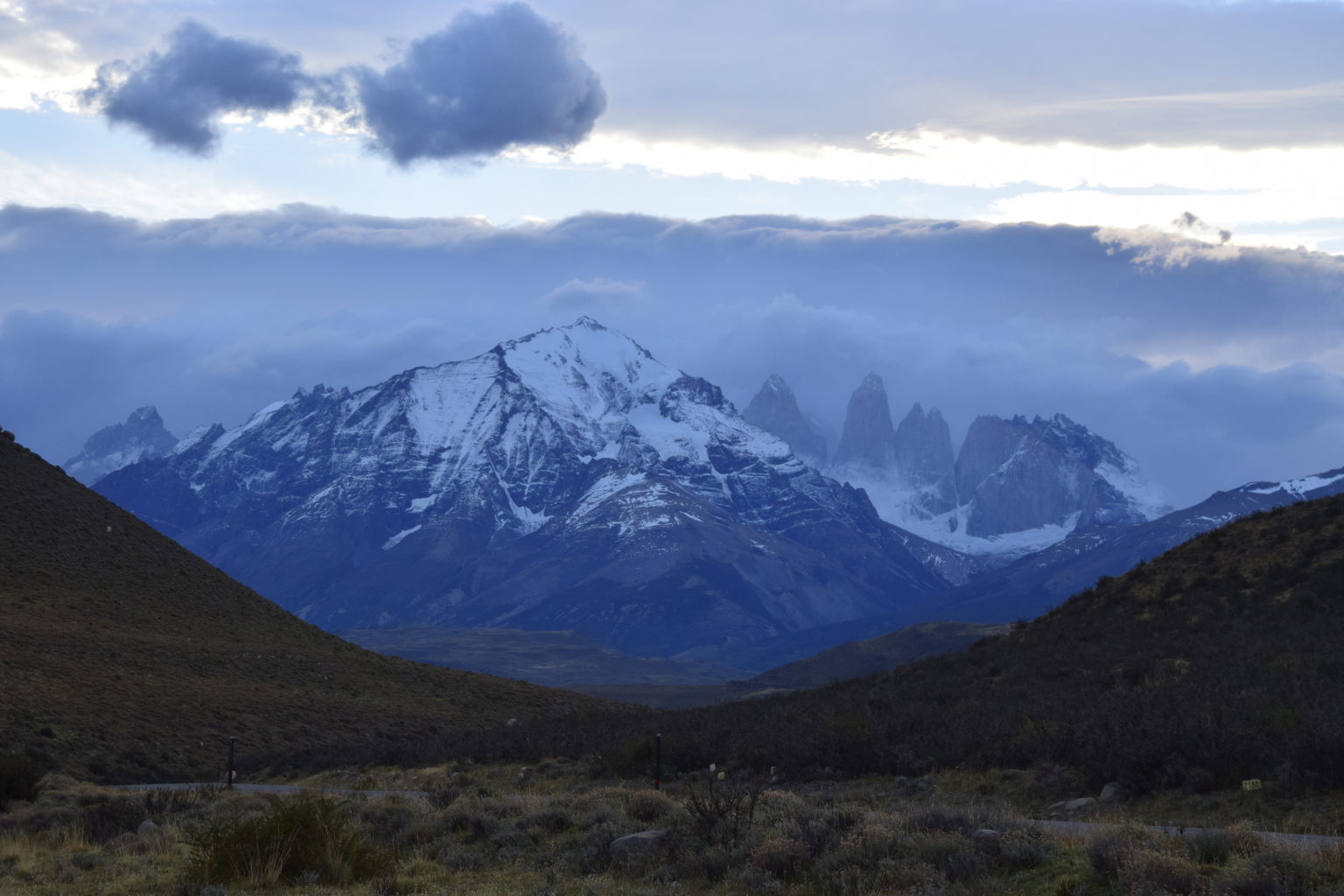 View of the Torres del Paine torres from the road into the park